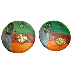Vintage Handmade Whimsical‎ Cat Fish Sun Earrings Round Large